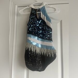 Light blue, white and black Baton Solo Costume with silver fringe